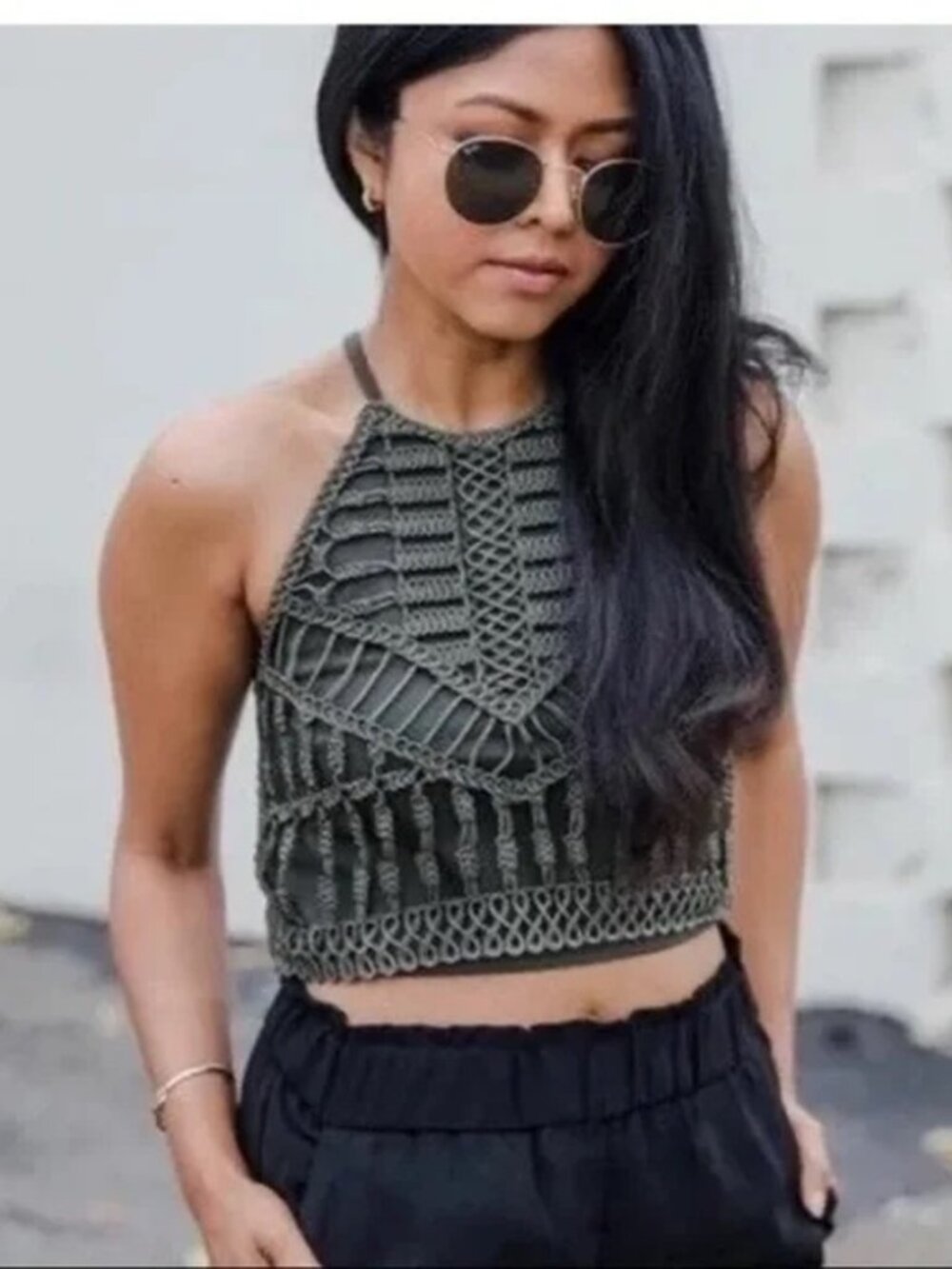H&M Crochet Boho Halter Crop Top in Olive Green Size Large